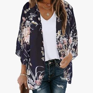 Women’s Floral Print Puff Sleeve Kimono